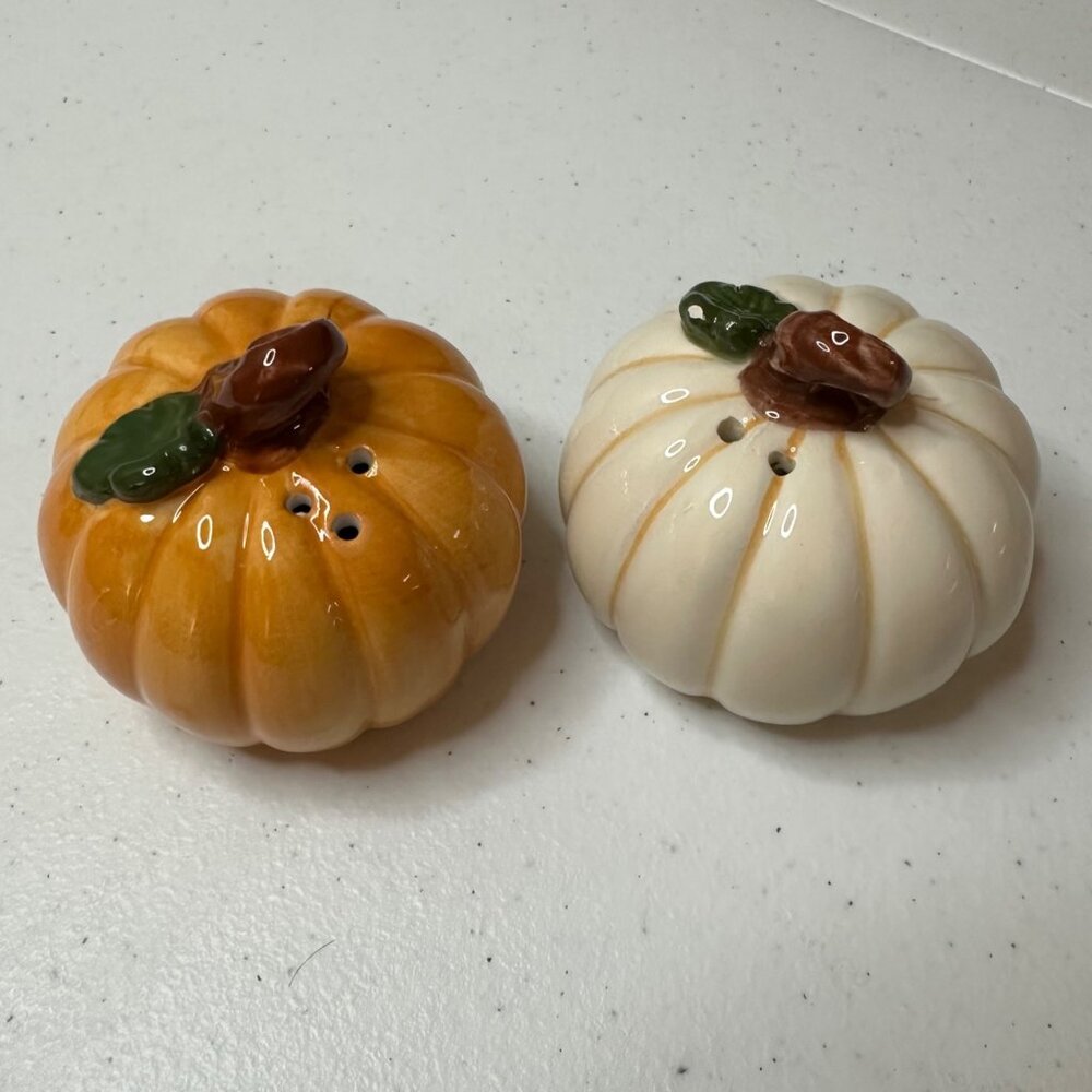 Small Ceramic Pumpkin Salt and Pepper Shakers Fall Autumn Decor White and Orange